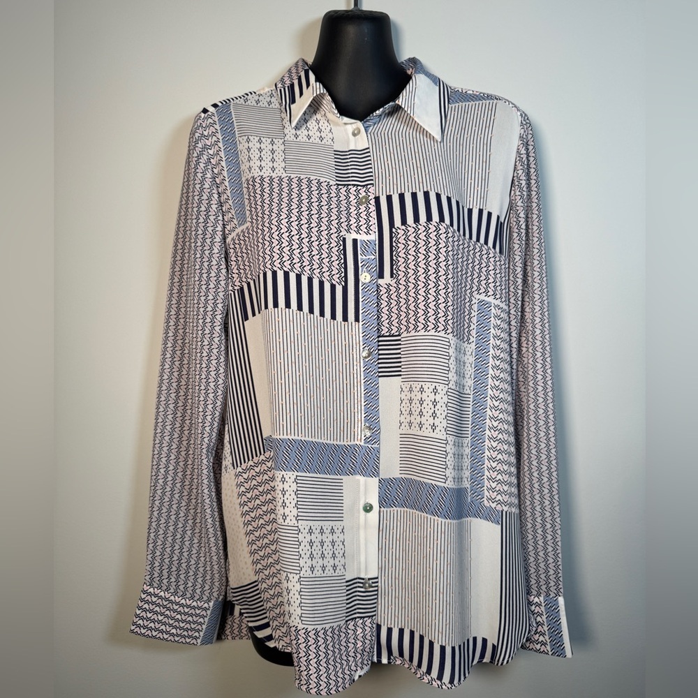 Rose+Olive Patchwork Geometric Print Button Up Blouse Navy Pink | Size Medium